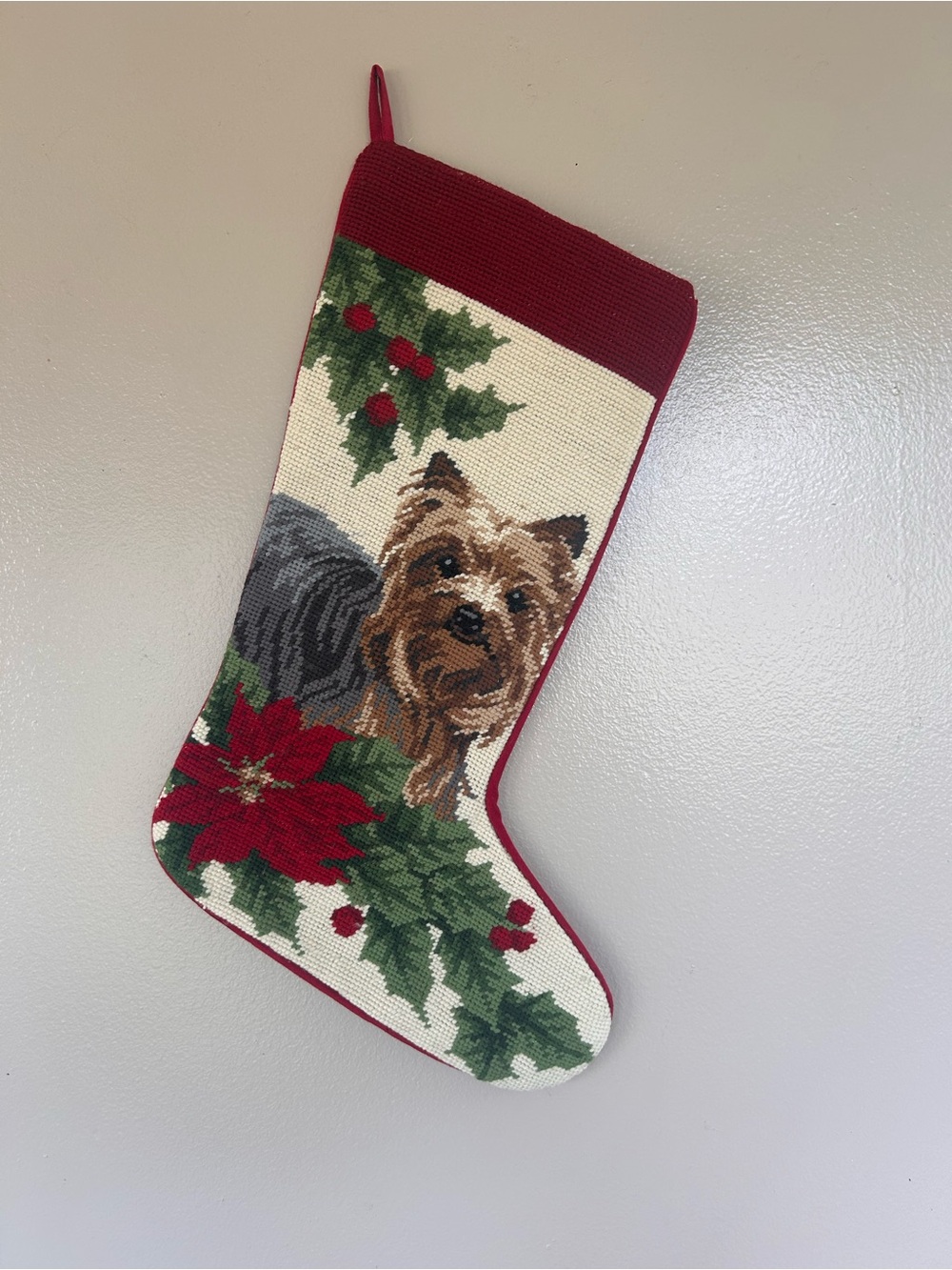 Yorkie Dog Wool Needlepoint Christmas Stocking Poinsettias 21”